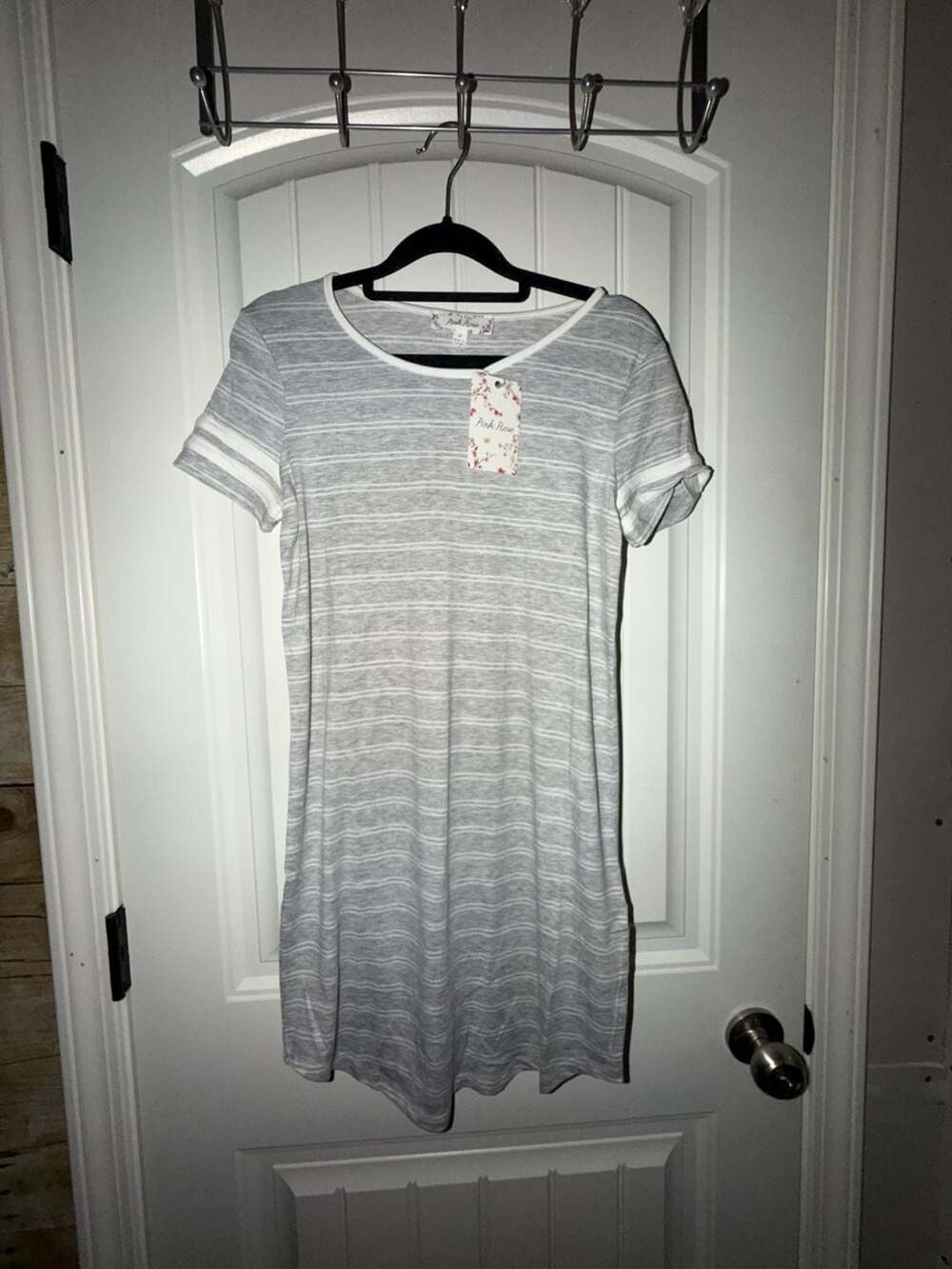 Pink Rose Women's Grey and White Striped Short Sleeve T-Shirt Dress